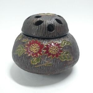 Incense Burner Black Pottery Floral Round Made in Japan Vintage